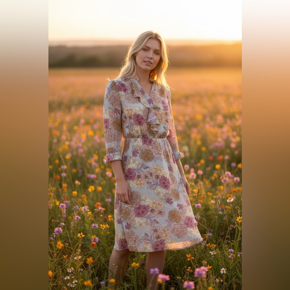 JG Hook Vintage Floral Dress with Ruffle Detail.